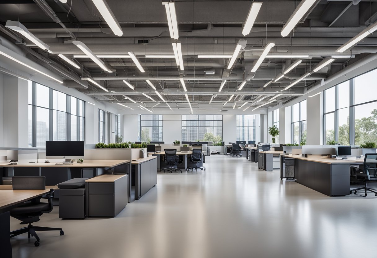 A modern corporate office with sleek furniture, clean lines, and a neutral color palette. Open floor plan with designated work areas and collaborative spaces. High ceilings and plenty of natural light