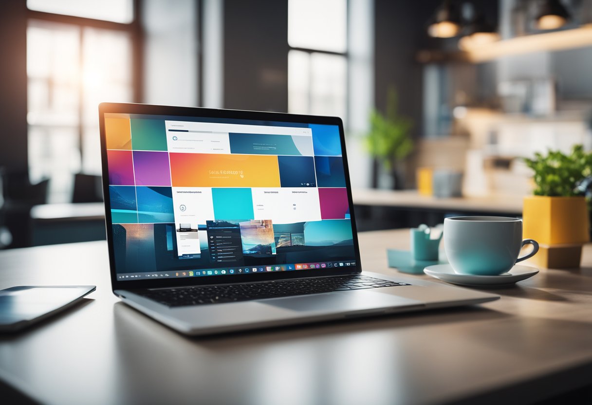 A laptop with a colorful and modern interior design app interface displayed on the screen, surrounded by a clean and stylish workspace