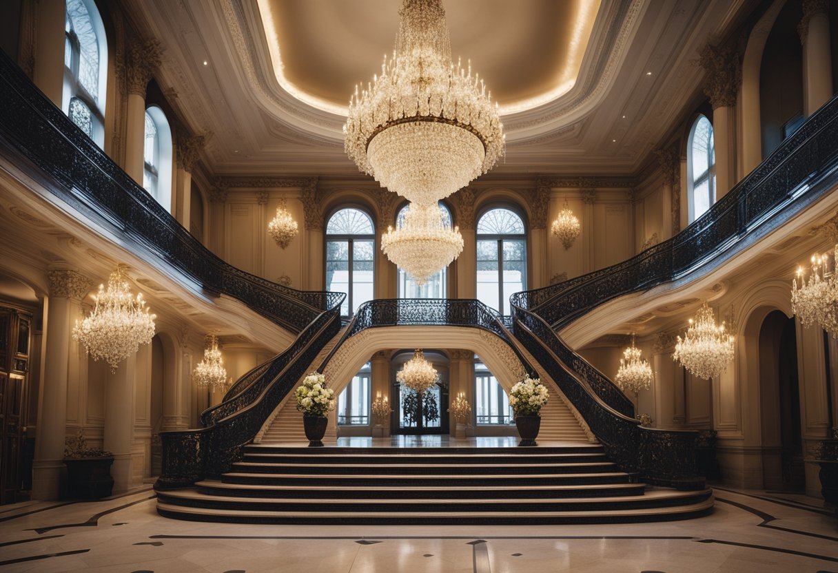 A grand staircase ascends through a palatial foyer, adorned with ornate chandeliers and opulent furnishings, exuding classic elegance