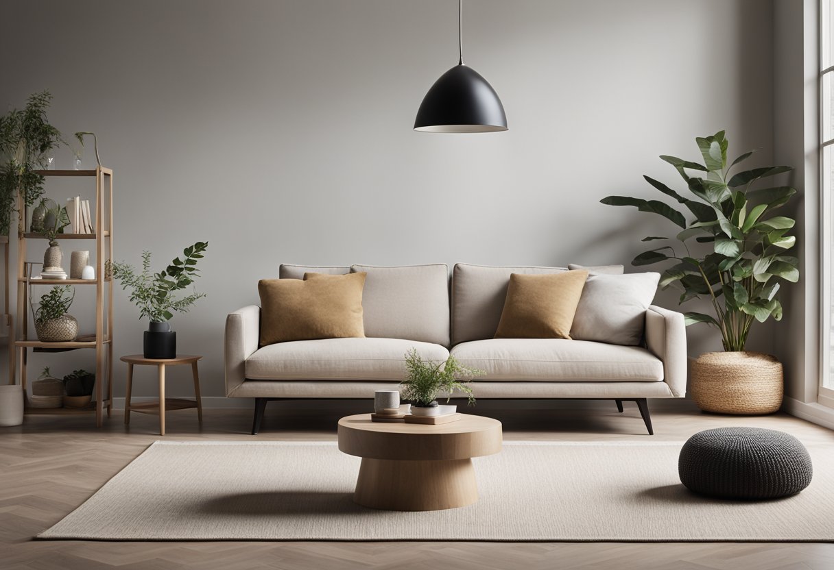 A minimalist living room with clean lines, natural materials, and a neutral color palette. The furniture is simple and functional, with few decorative elements