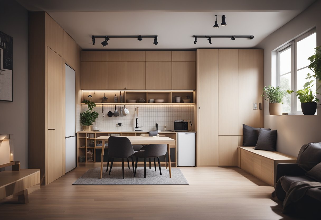 A cozy 200 sq ft house interior with a minimalist design, featuring a compact living area, a functional kitchenette, a small dining space, and a lofted sleeping area