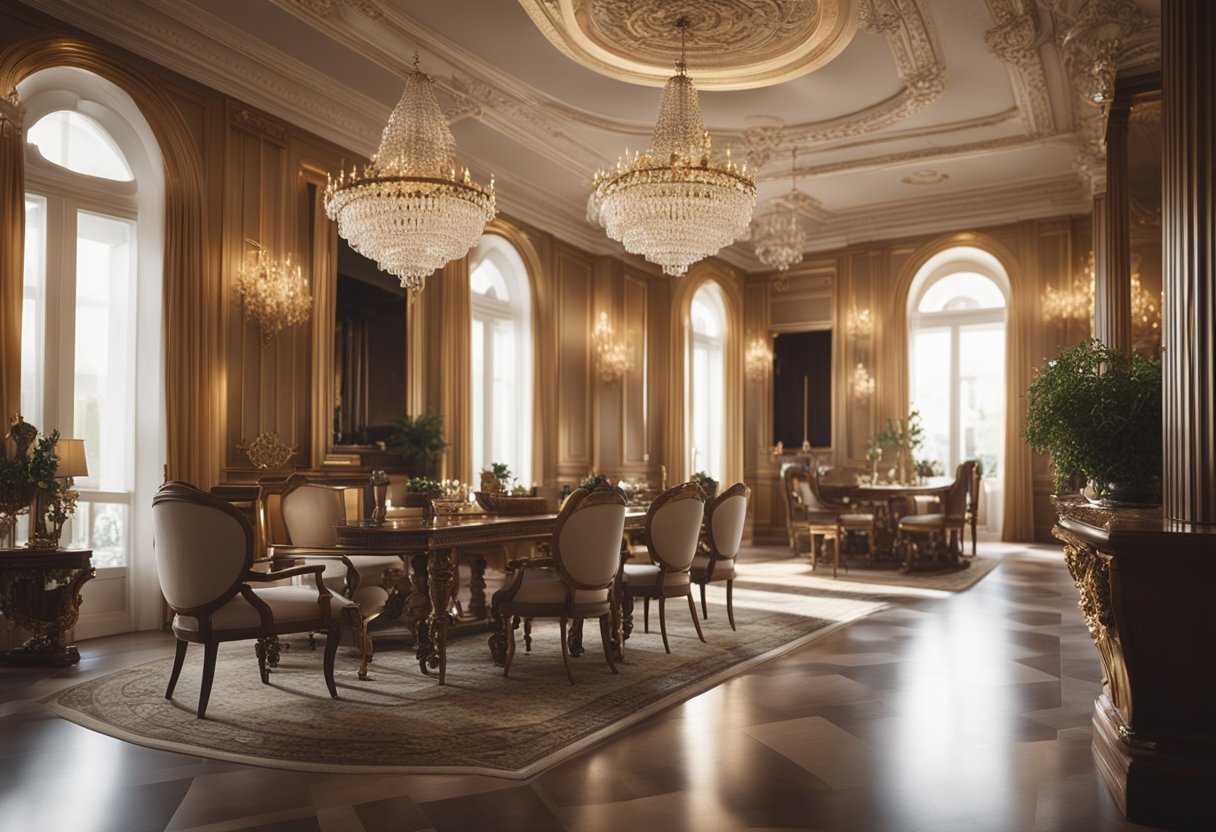 A classic villa interior with elegant furniture, ornate chandeliers, and intricate moldings on the ceiling and walls. Sunlight filters through the large windows, casting a warm glow on the luxurious space