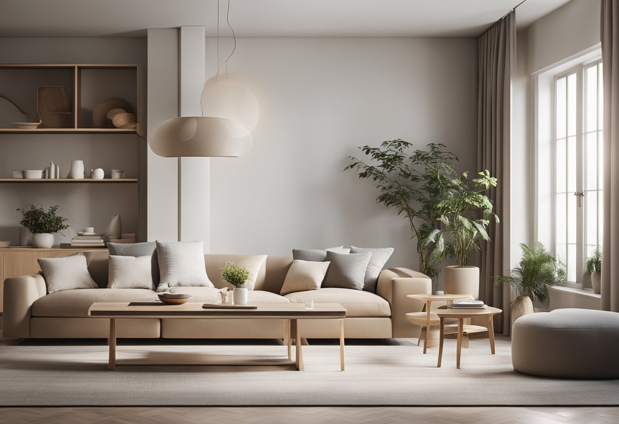 A minimalist interior with clean lines, neutral colors, and natural materials. A large window lets in natural light, illuminating the serene space