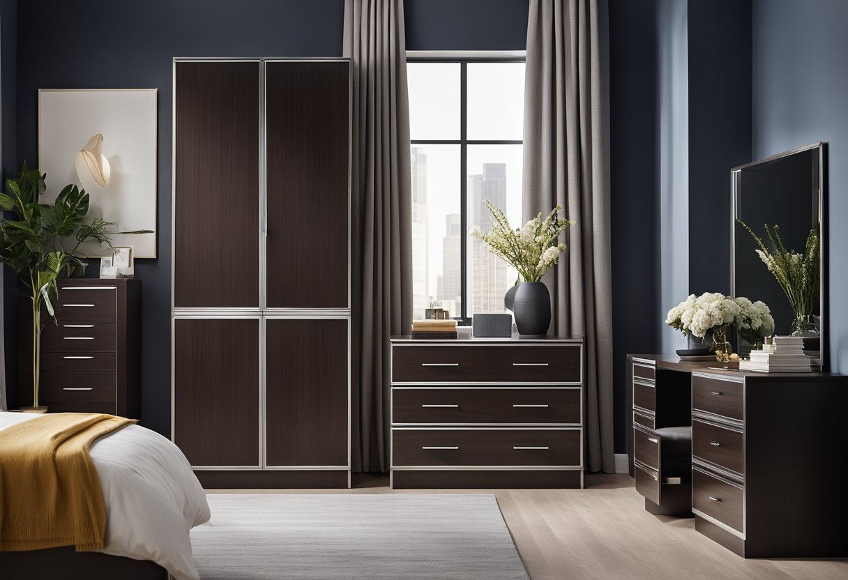 A sleek, modern bedroom cabinet with a built-in dresser and clean lines. The cabinet is made of dark wood with silver hardware, and the dresser has multiple drawers for storage