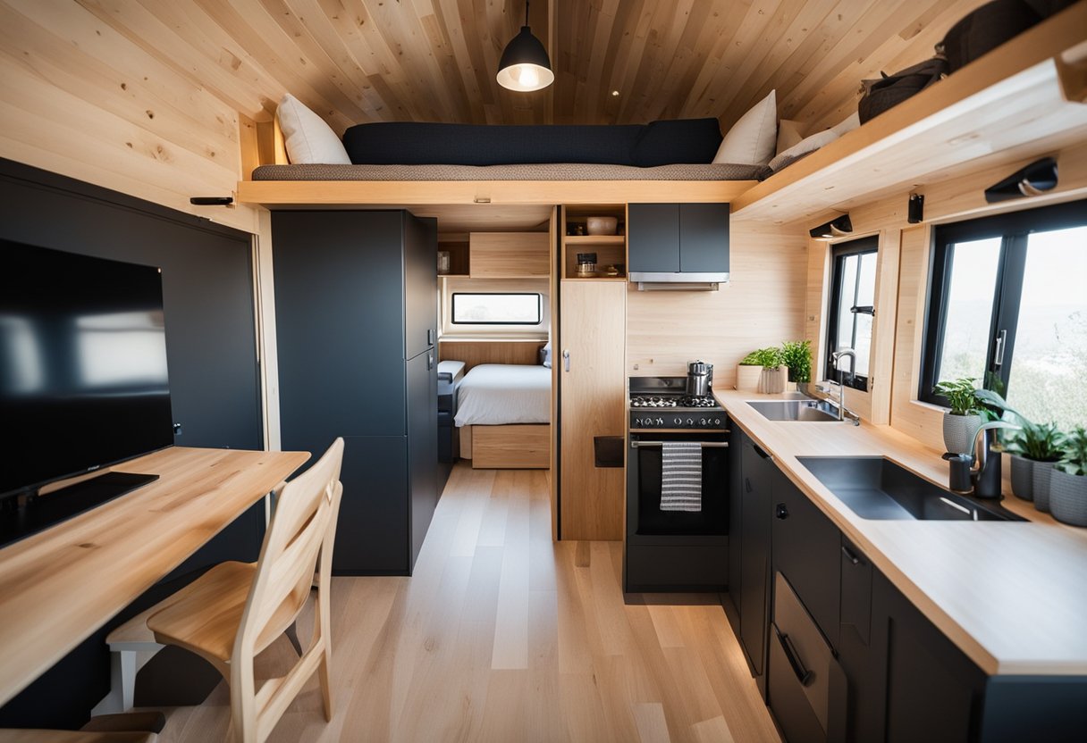 A lofted bed sits above a compact kitchen and living area. Foldable furniture and clever storage solutions maximize space in the 200 sq ft tiny home