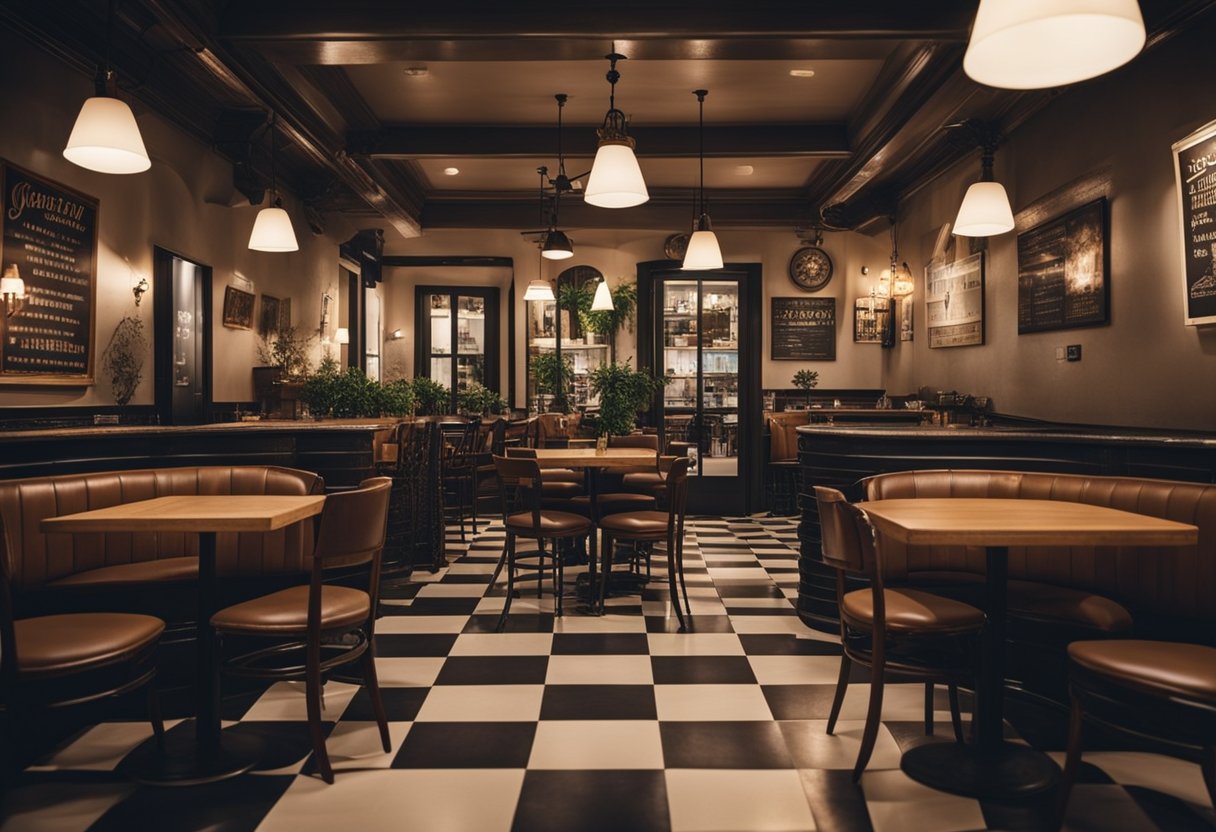 A cozy French bistro with checkered tile floors, wrought-iron tables, vintage posters, and soft lighting