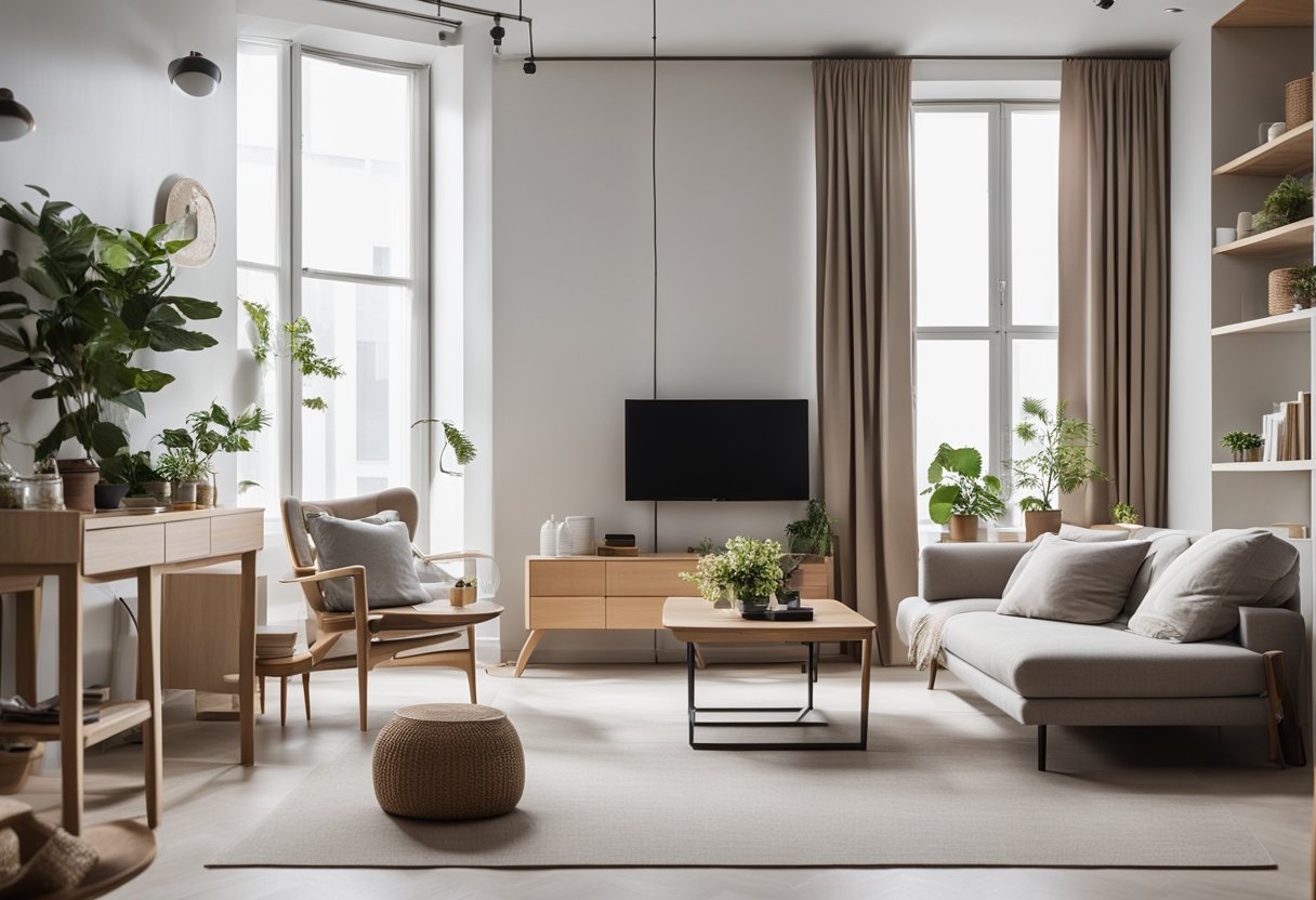 A bright, minimalist 200 sq ft interior with natural light, modern furniture, and neutral colors