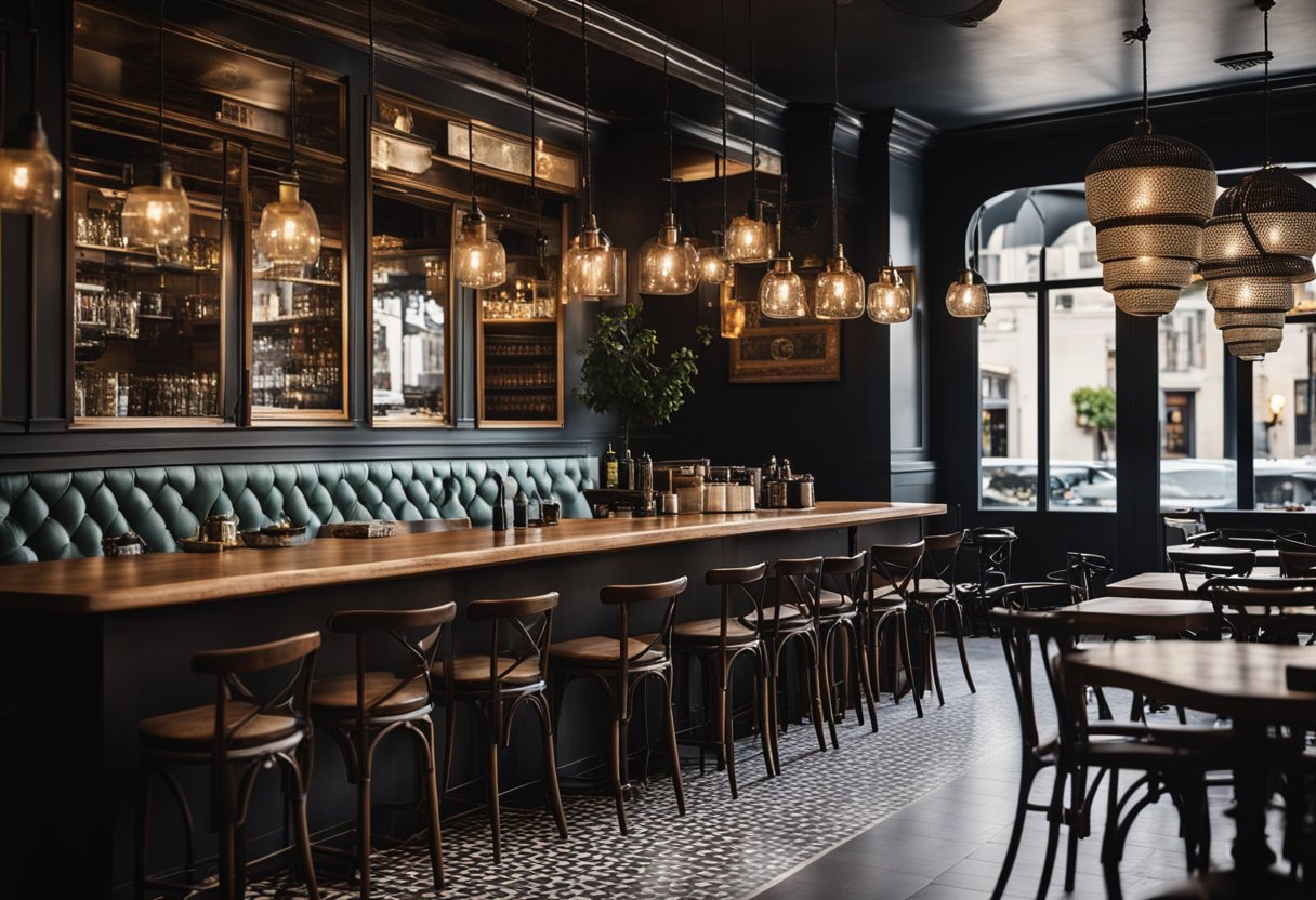 A cozy French bistro with vintage tile flooring, dark wood tables, bentwood chairs, and a zinc bar with hanging pendant lights