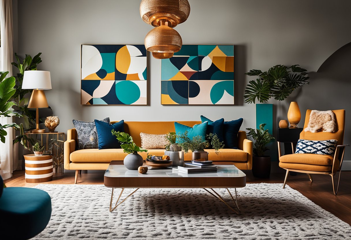 A cozy living room with mid-century modern furniture, a bold geometric rug, and a statement lighting fixture. The room is accented with vibrant pops of color and textured materials, creating a distinctive and modern aesthetic