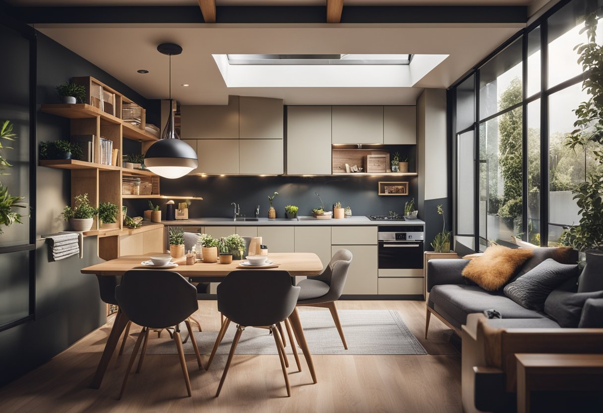 A cozy 200 sq ft house interior with clever storage solutions, a fold-out dining table, and a multi-functional living space
