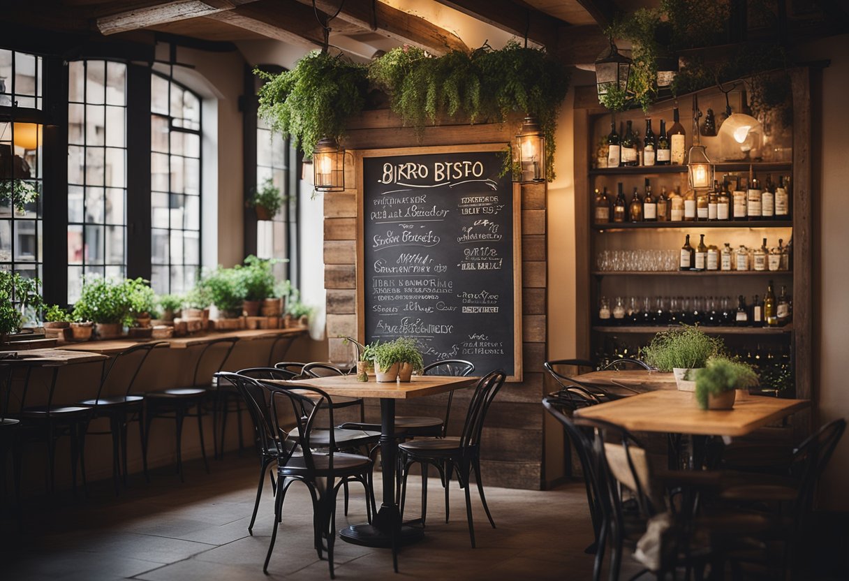 The cozy bistro features warm lighting, rustic wooden tables, vintage French posters, and a chalkboard menu. A wrought-iron wine rack and potted herbs add a touch of charm