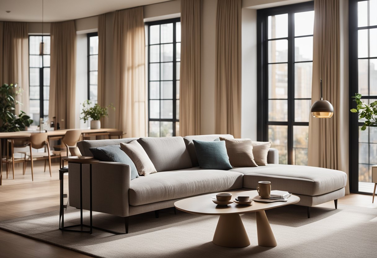 A cozy single room with modern furniture, warm lighting, and a neutral color palette. A comfortable sofa and a stylish coffee table are placed in the center, while large windows let in natural light