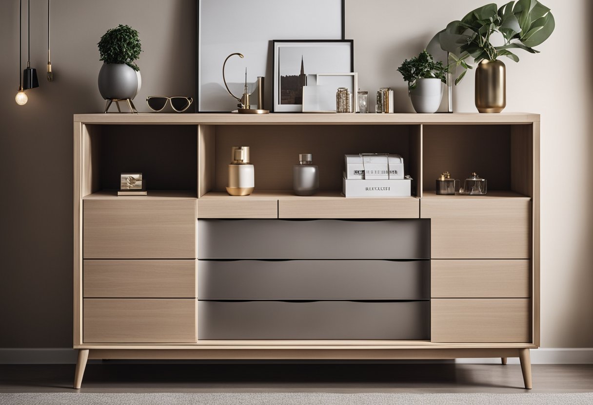 A modern bedroom cabinet with a sleek dresser, adorned with stylish accessories and decorative items