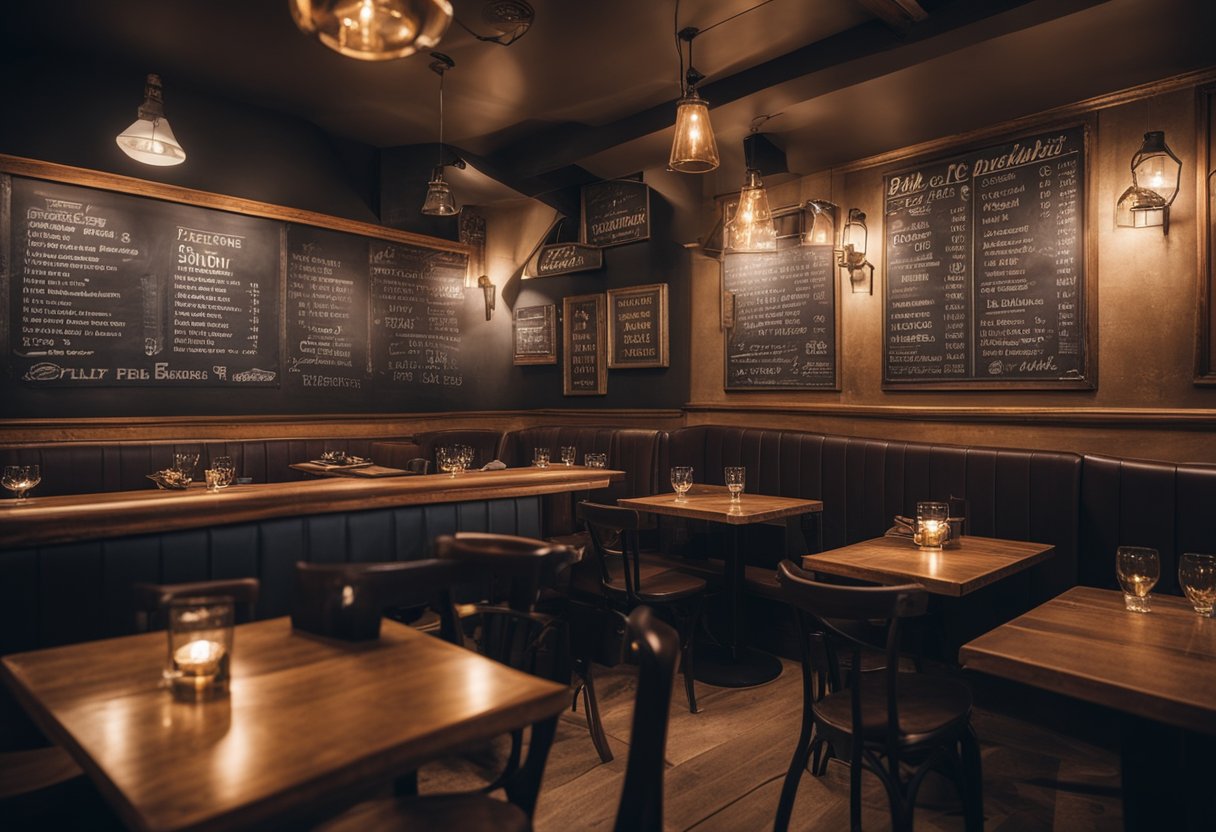 A cozy bistro with rustic wooden tables, vintage French posters on the walls, dim lighting, and a chalkboard menu