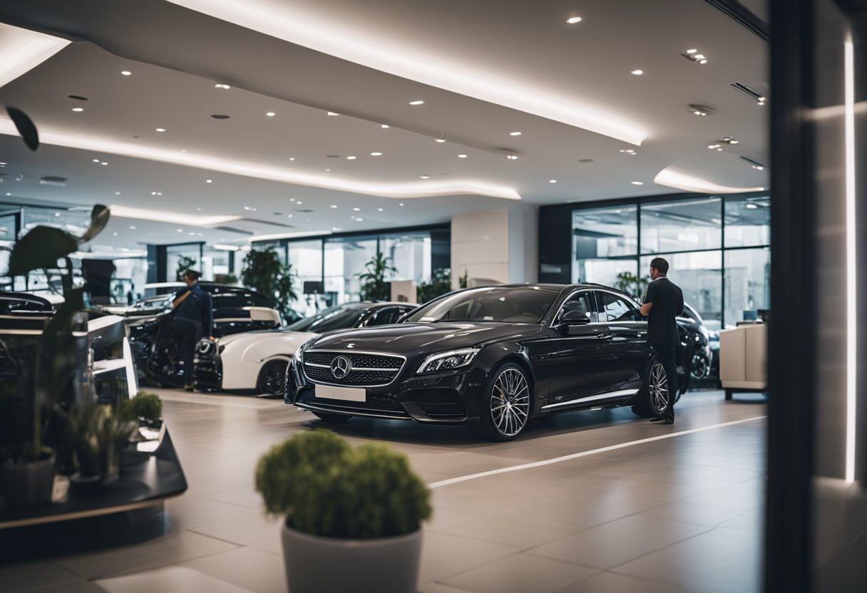 A car interior design shop bustling with activity, as technicians meticulously enhance and provide aftercare to the interiors of luxury vehicles