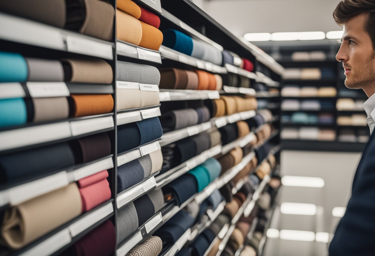 A customer browsing through a variety of car interior designs, with shelves of fabric swatches and samples, as well as displays of finished car interiors
