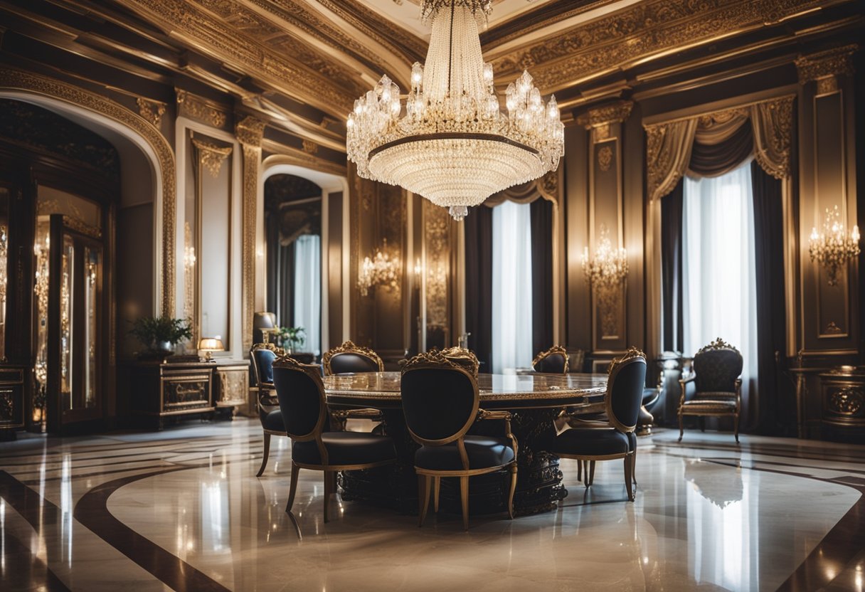 A grand chandelier illuminates a lavish room with ornate furniture and intricate moldings, reflecting in polished marble floors