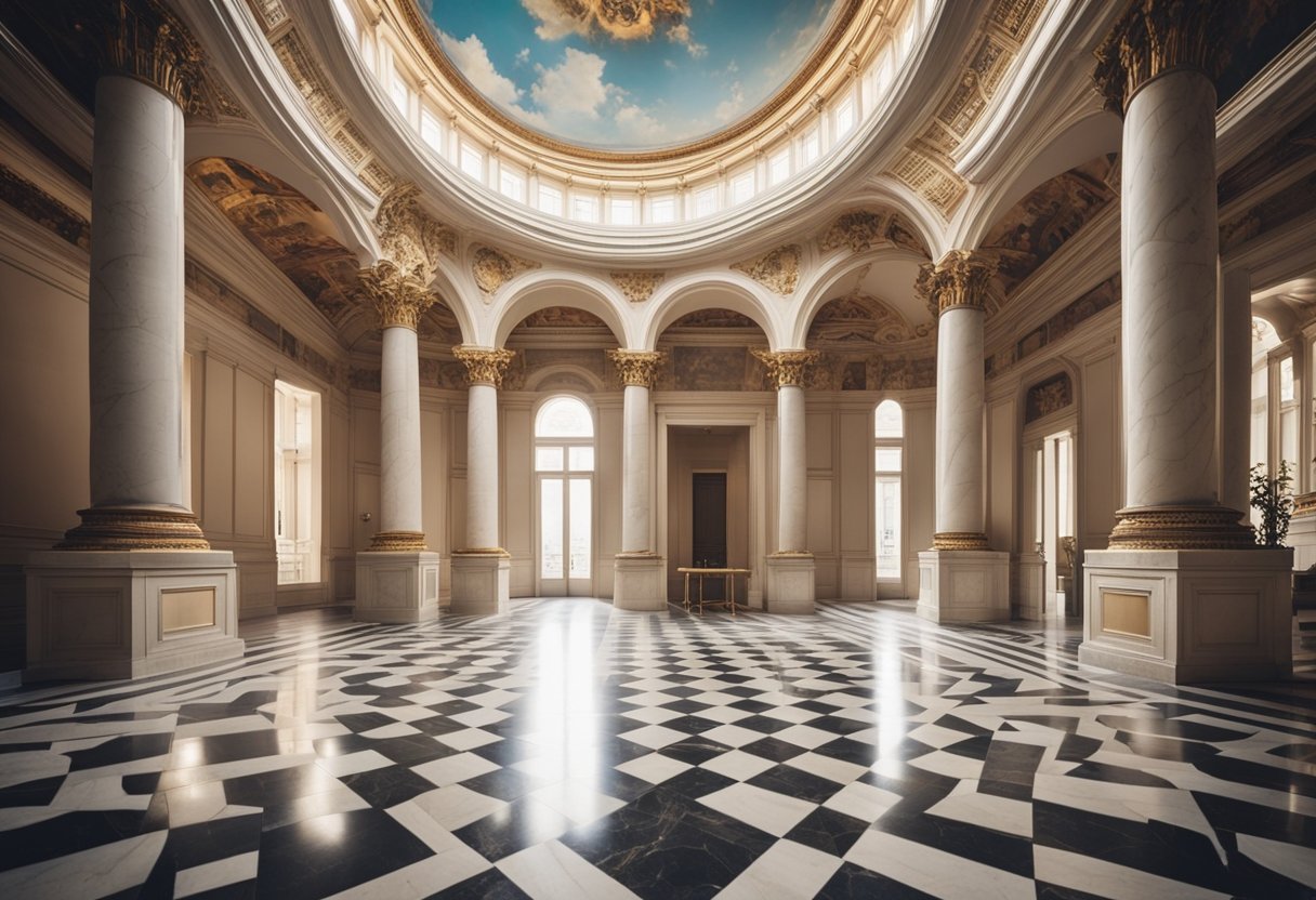 A grand hall with marble columns, ornate moldings, and a domed ceiling. Reflections of classical art and architecture adorn the walls and floors