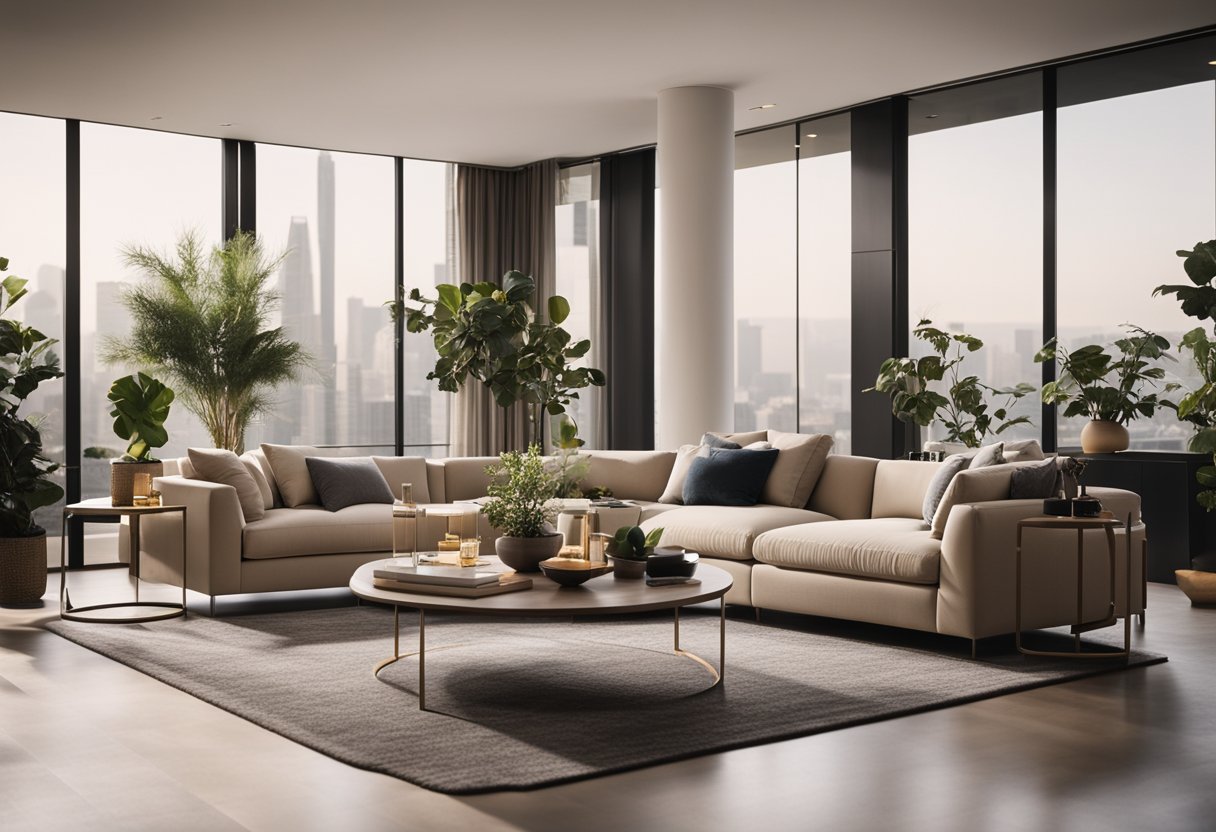 A modern living room with sleek furniture, warm lighting, and minimalist decor in a neutral color palette