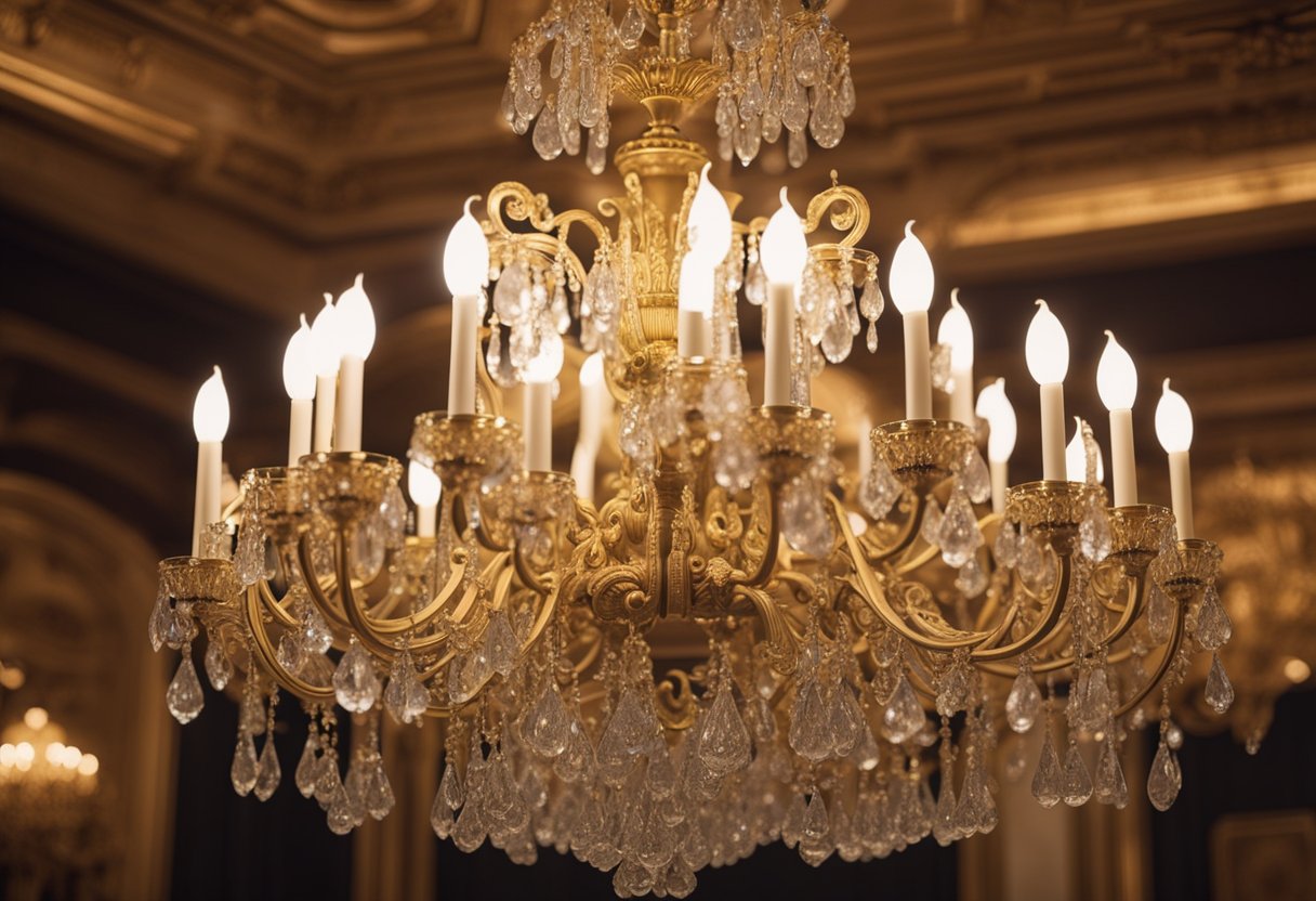 A grand chandelier illuminates a room with ornate furniture, intricate moldings, and luxurious fabrics, creating a classical reflection of elegance in the interior design