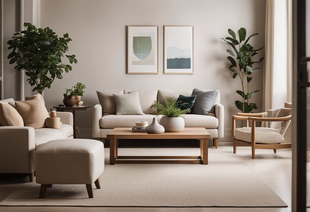 A cozy living room with modern furniture, warm lighting, and a touch of greenery. Clean lines and a neutral color palette create a serene and inviting space