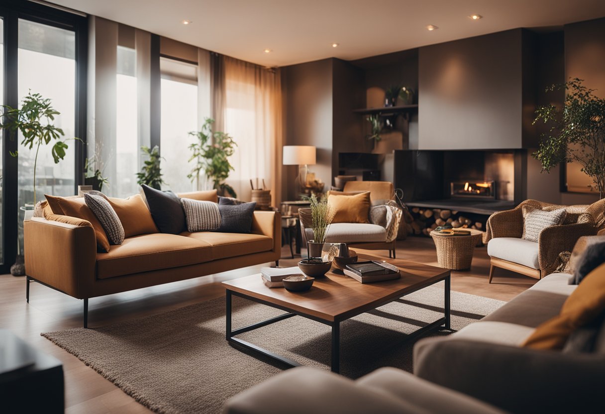 A cozy living room with warm colors, soft lighting, and comfortable furniture arranged for intimate conversations and relaxation