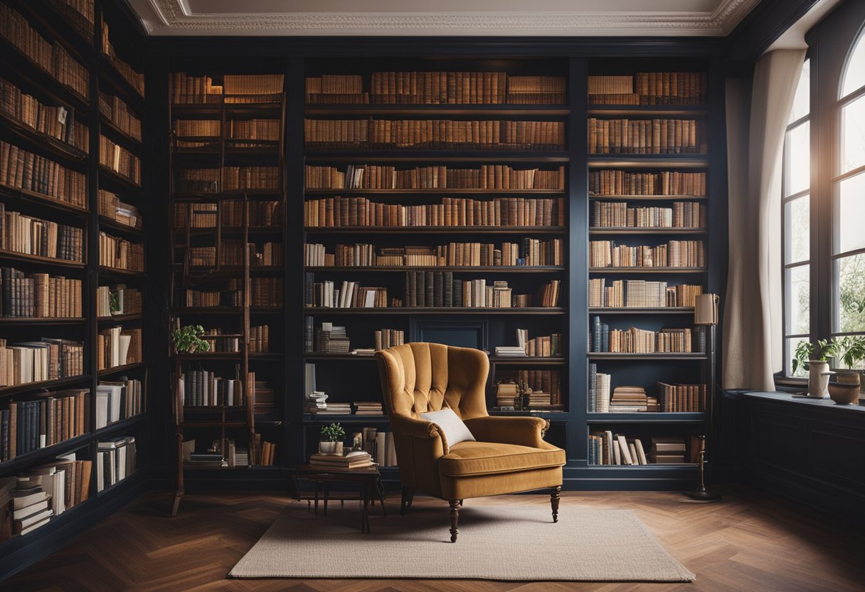 A cozy study with shelves of books, a comfortable armchair, and a large window reflecting the classical interior design