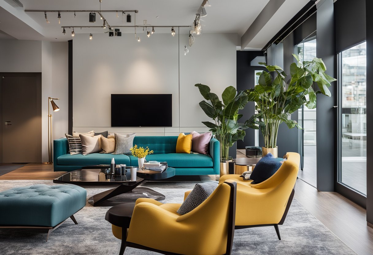 Vibrant set with sleek furniture, bold color palettes, and modern decor. TV hosts engage with Canadian interior designers showcasing their innovative concepts