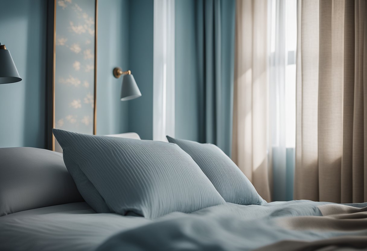 The bedroom walls are painted a soft, calming blue, with accents of warm, earthy tones in the bedding and decor. Light filters in through sheer curtains, casting a gentle glow over the room