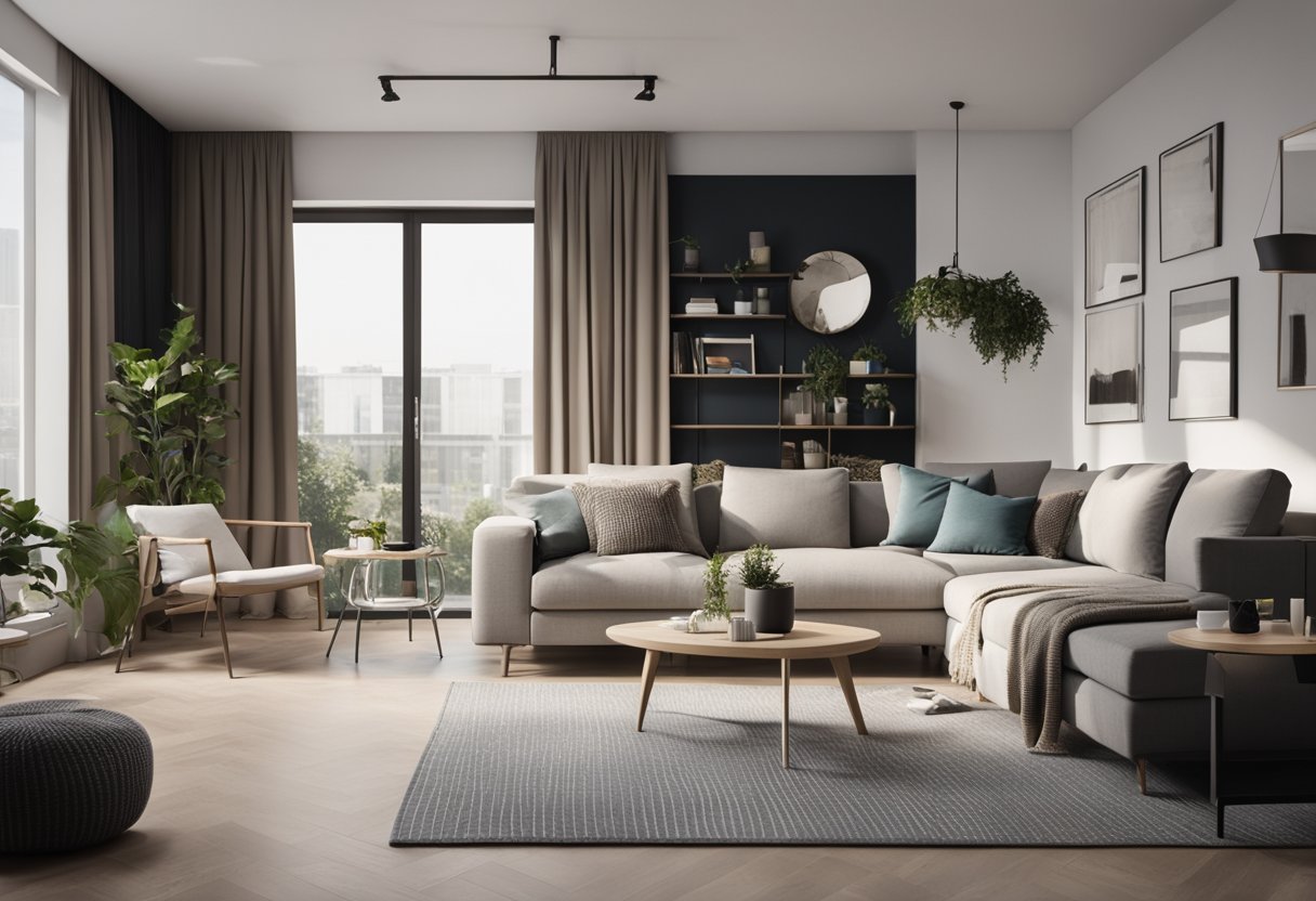 A cozy 1 bedroom apartment with modern furniture, large windows, and a minimalist color scheme. A sleek kitchen with integrated appliances and a stylish living area with a comfortable sofa and a functional workspace