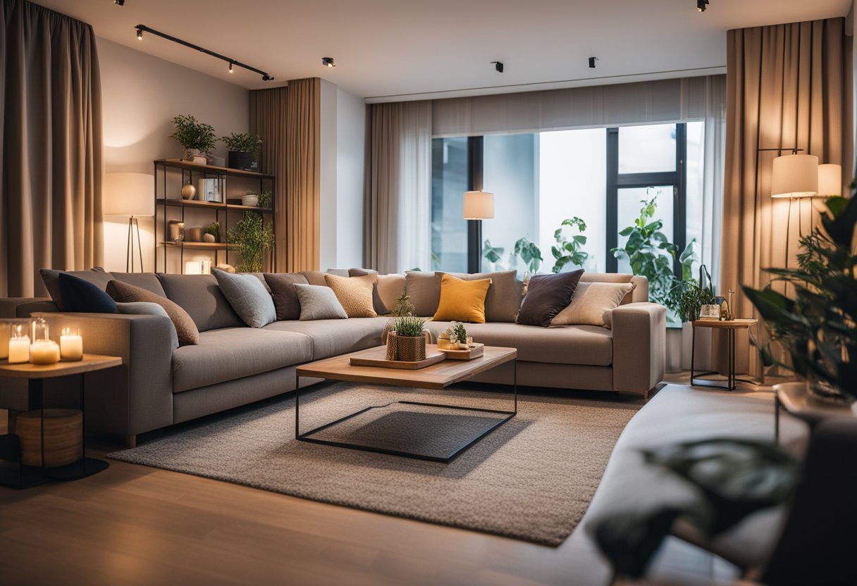 A cozy living room with warm lighting and comfortable furniture arranged in a way that promotes social interaction, reflecting the MBTI personality types of the occupants
