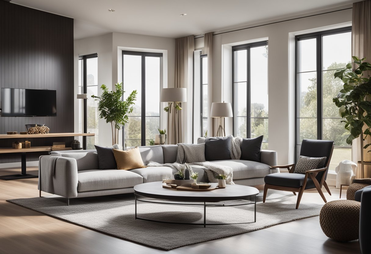 A spacious, modern living room with sleek furniture and a cozy fireplace. Large windows let in natural light, showcasing the elegant interior design