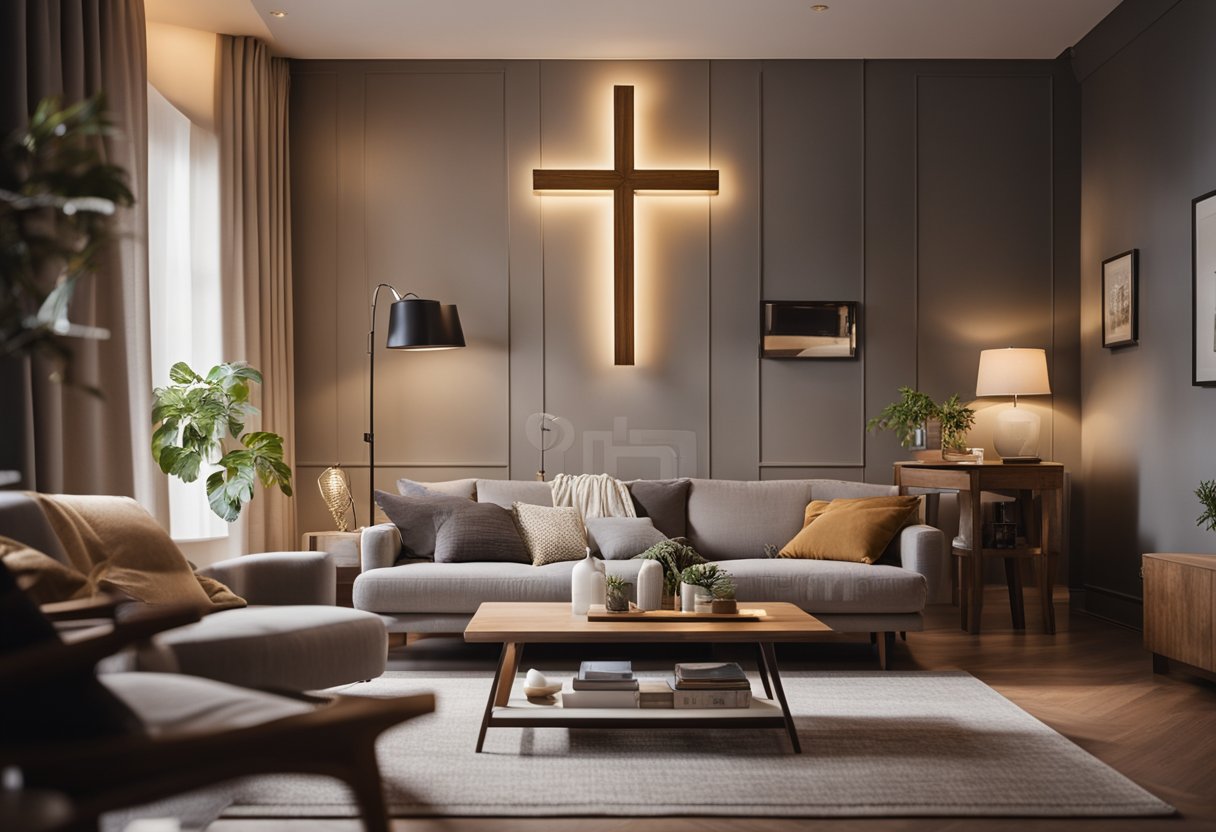 A cozy living room with a large cross on the wall, a Bible on the coffee table, and soft, warm lighting
