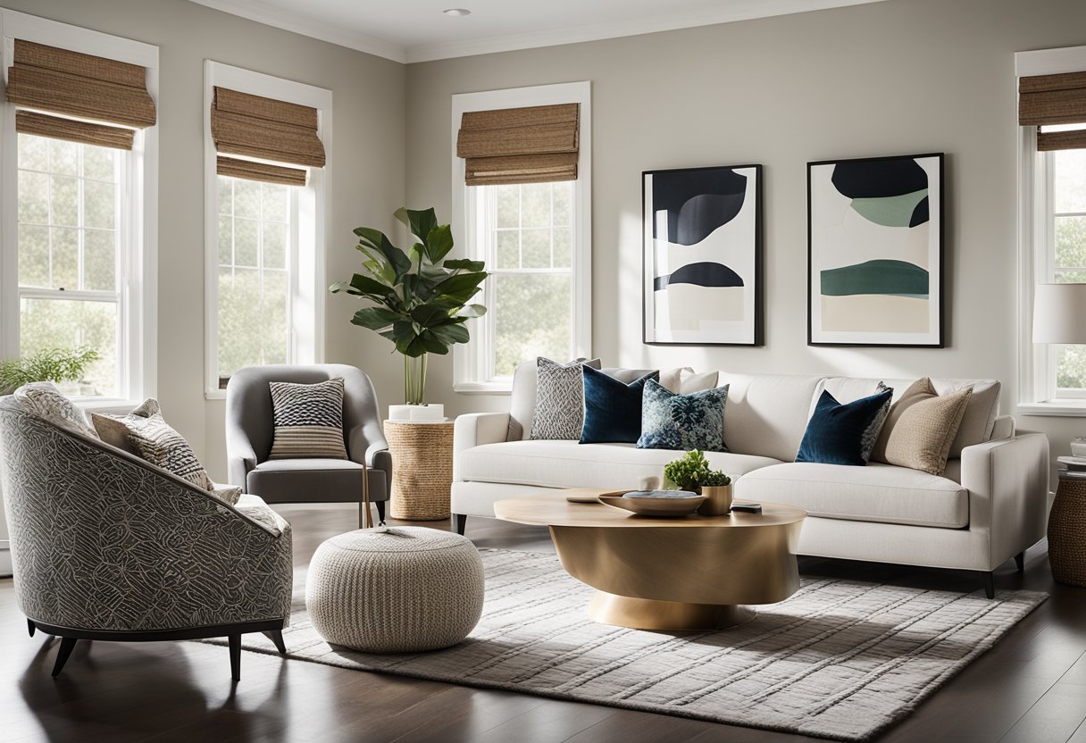 A modern living room with clean lines, neutral colors, and pops of bold Canadian-inspired patterns. A mix of natural materials and sleek furniture create a harmonious and inviting space