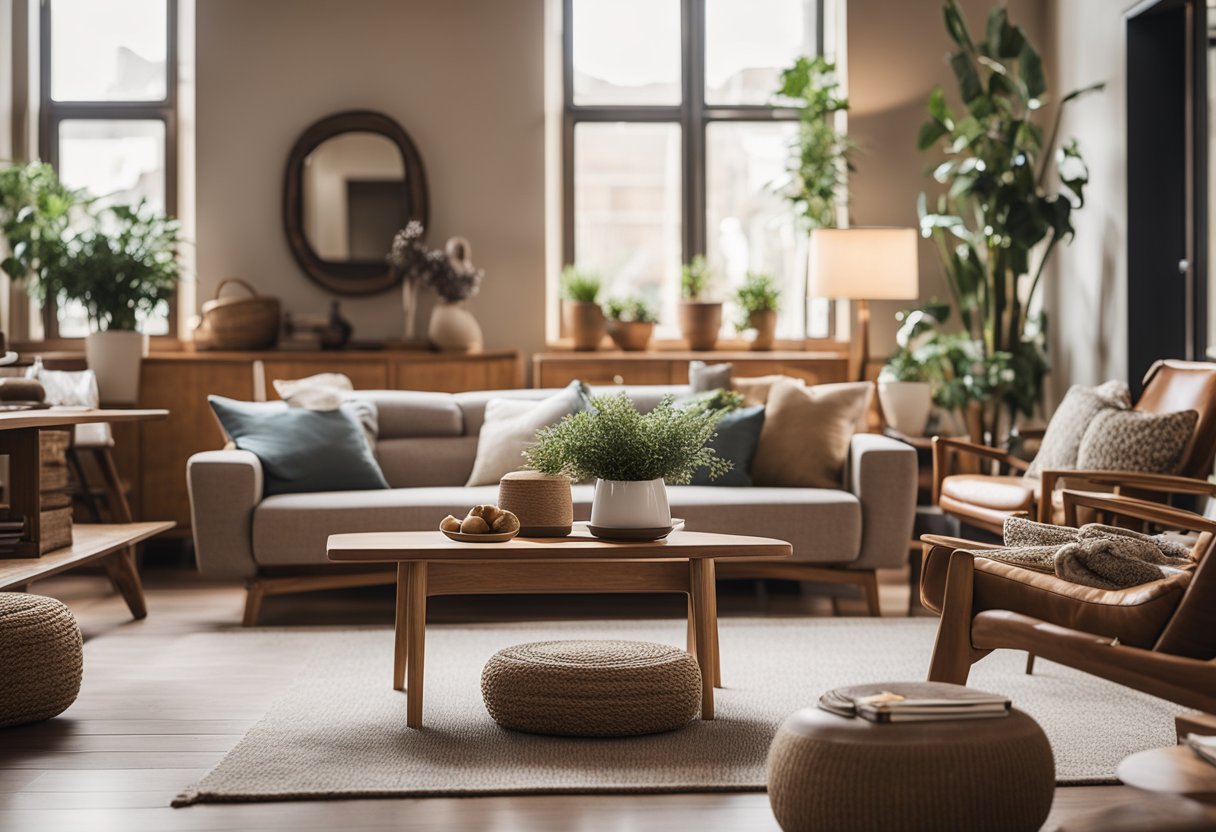 An open-concept living room with cozy, earthy tones and natural materials, featuring a mix of modern and vintage furniture with personal touches