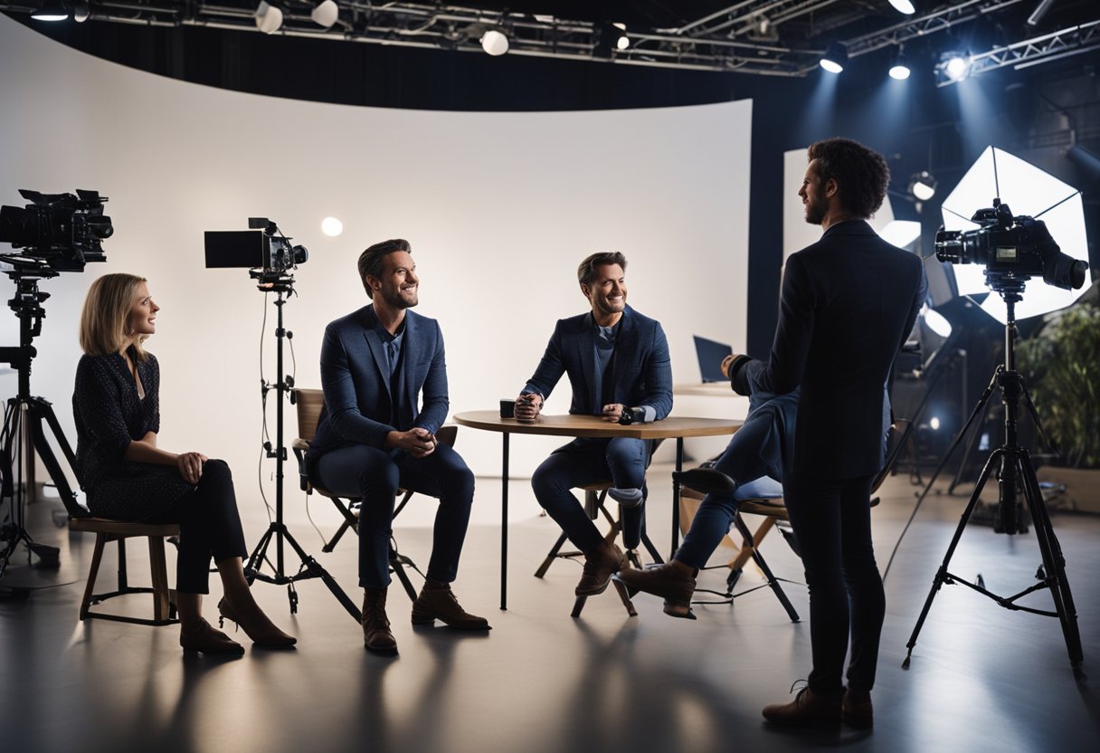 A group of Canadian interior designers answering common questions on a TV show set, surrounded by cameras and studio lights