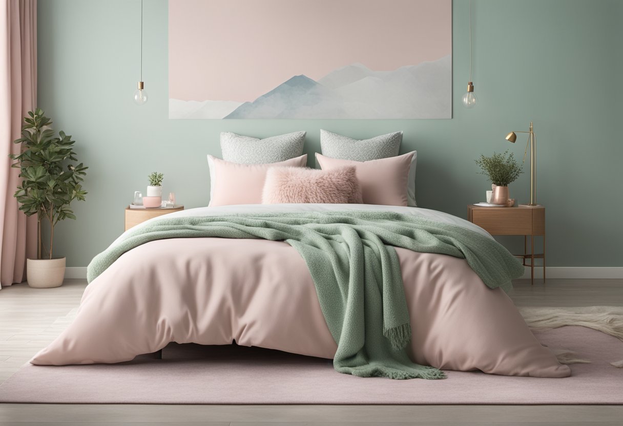 A cozy bedroom with soft, pastel hues. A light grey feature wall contrasts with blush pink and mint green accents. Textured throw pillows and a fluffy rug add warmth