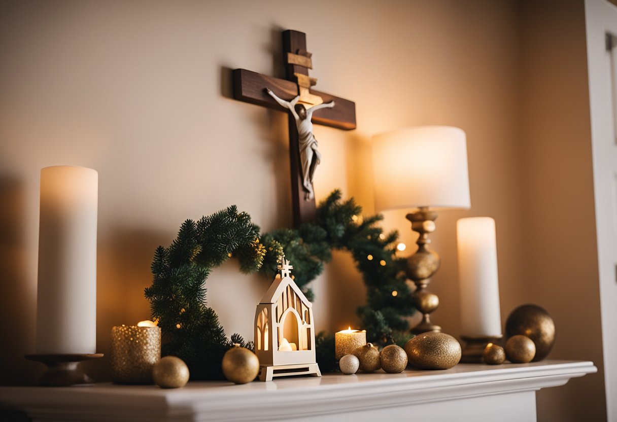 A cozy living room adorned with a nativity scene, a wreath on the door, and a cross on the wall. Warm lighting and religious artwork create a peaceful, inviting atmosphere