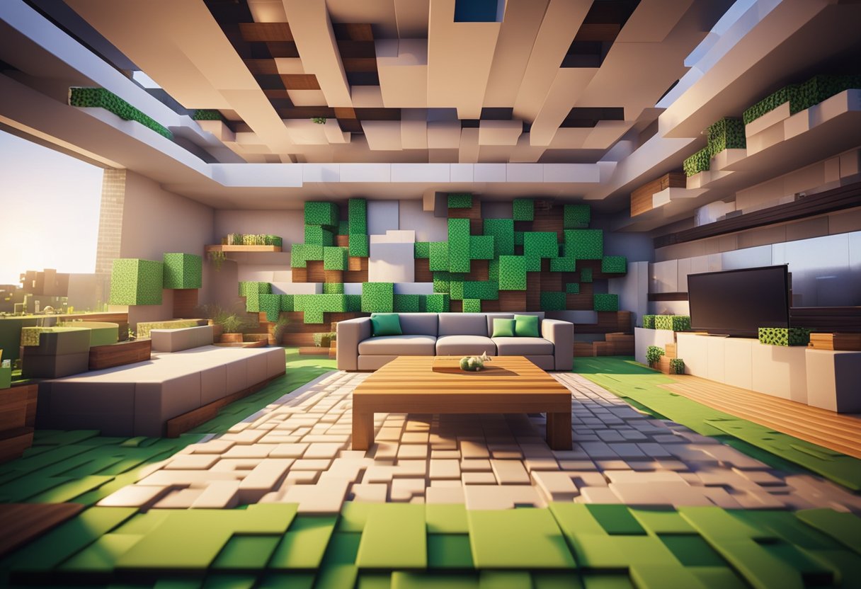 A cozy Minecraft house with modern interior design, featuring sleek furniture, vibrant colors, and creative use of space