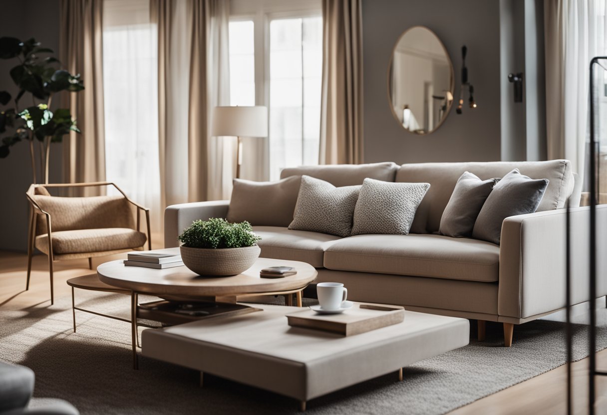 A cozy living room with a neutral color palette, a plush sofa, a coffee table, and soft lighting from a floor lamp