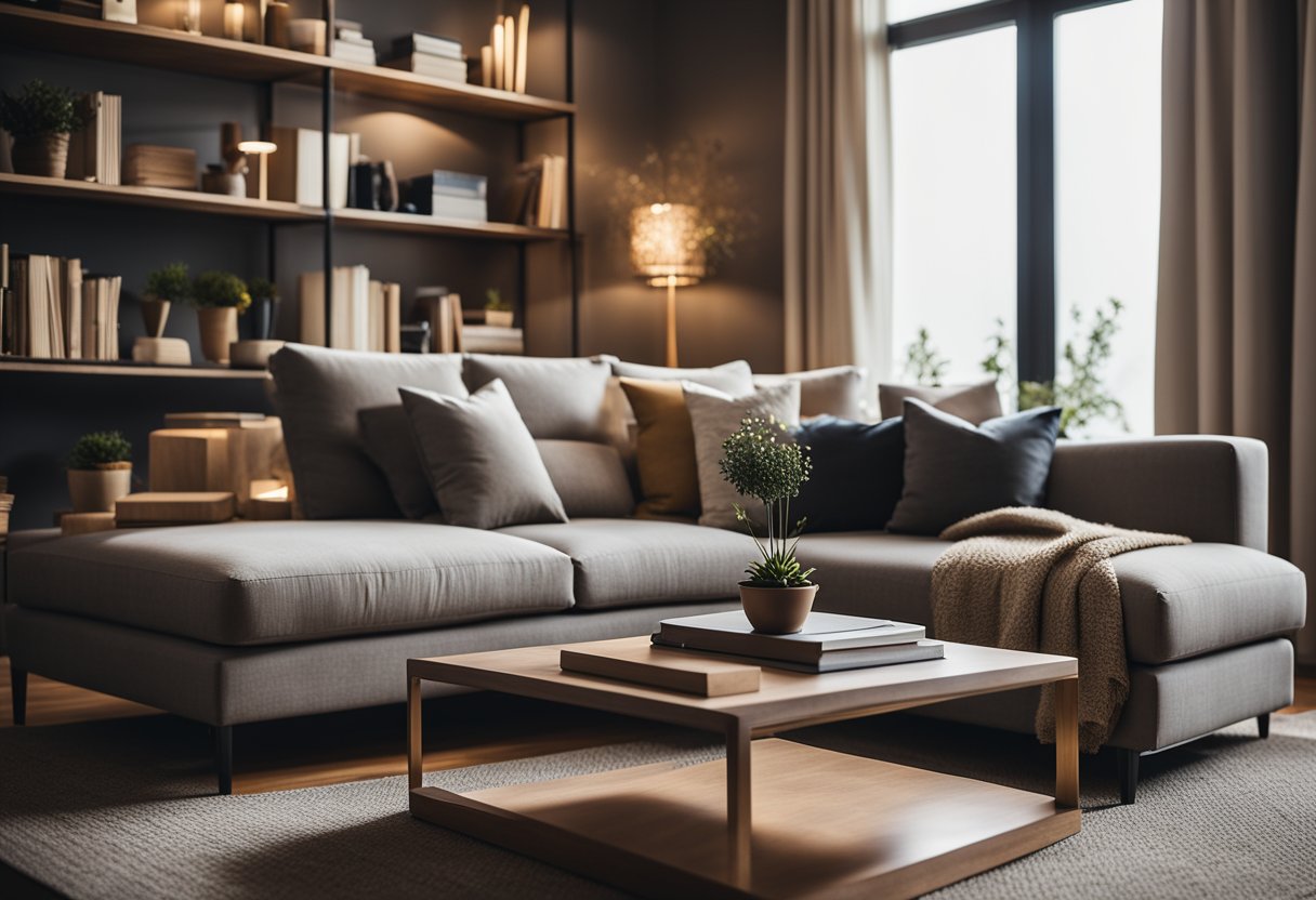 A cozy living room with modern furniture, warm lighting, and stylish decor. A bookshelf filled with design books, a comfortable sofa, and a sleek coffee table complete the inviting space