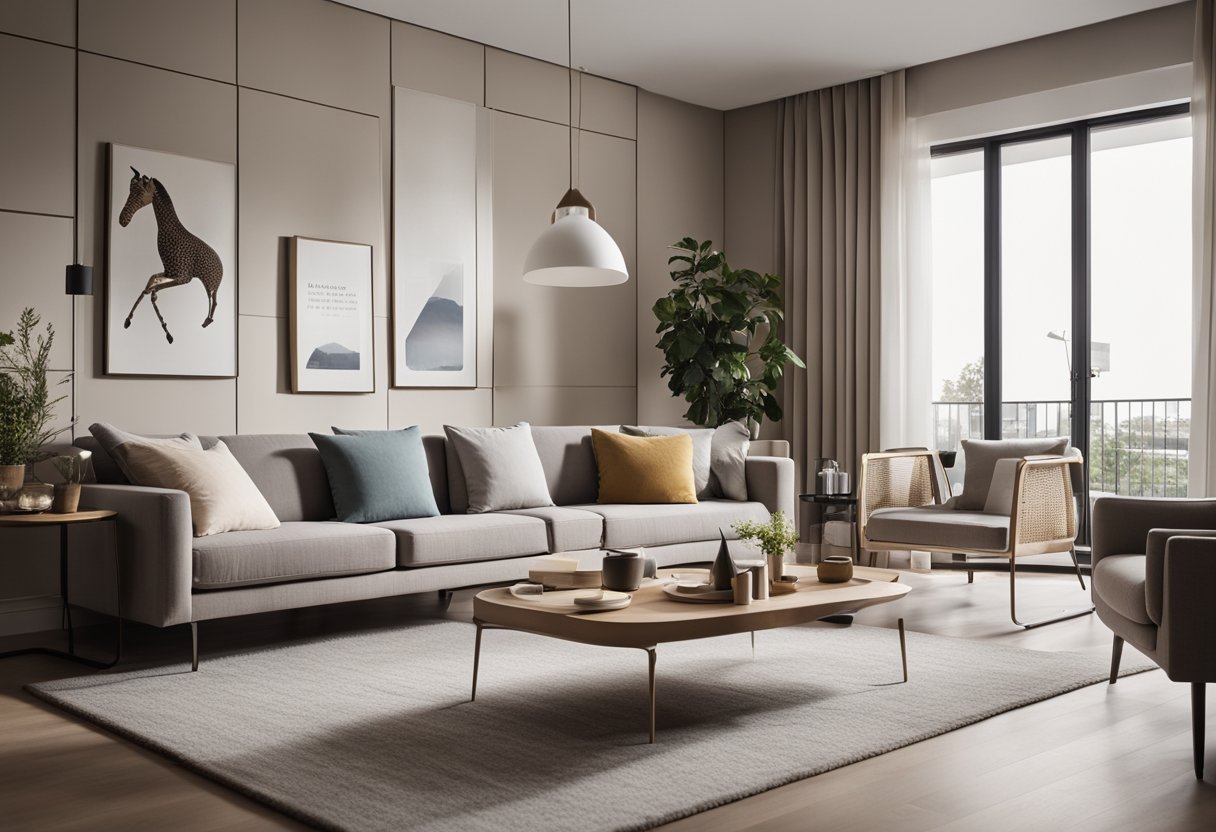 A cozy 2 bedroom apartment with modern furniture, large windows, and a neutral color scheme. The living room features a comfortable sofa and a stylish coffee table, while the kitchen has sleek appliances and a small dining area