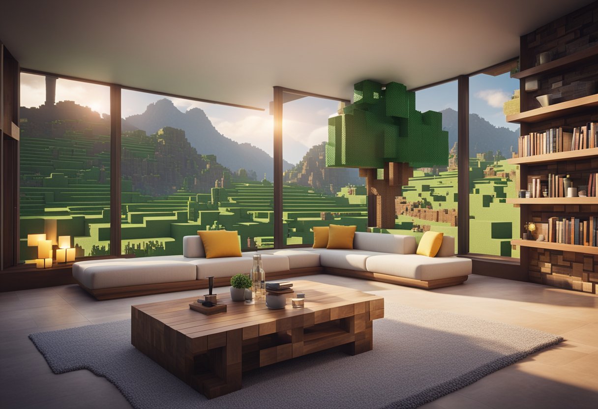 A cozy Minecraft living room with a fireplace, bookshelves, and a large window overlooking a scenic landscape