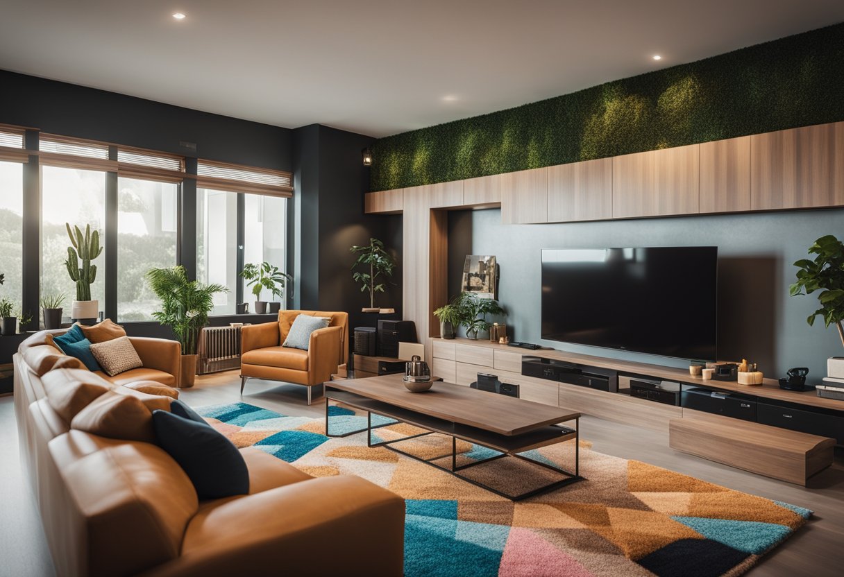 A cozy living room with modern furniture, colorful carpet, and a large TV screen displaying a Minecraft interior design tutorial
