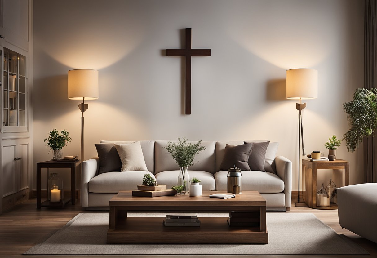 A cozy living room with a large cross on the wall, a comfortable sofa, and a coffee table with a Bible and prayer book. Warm lighting and religious decor create a peaceful atmosphere