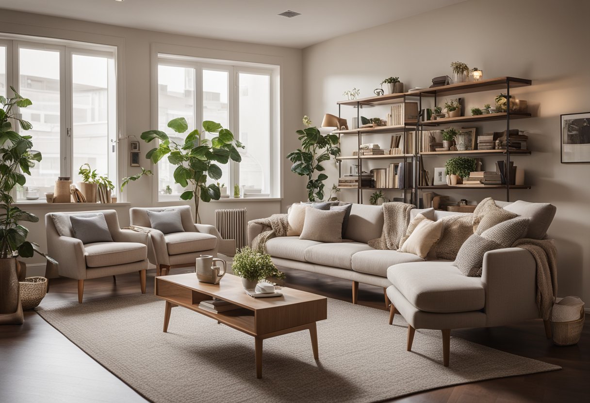 A cozy living room with neutral colors, a comfortable sofa, a coffee table, and soft lighting. A simple bookshelf and a few decorative accents complete the space