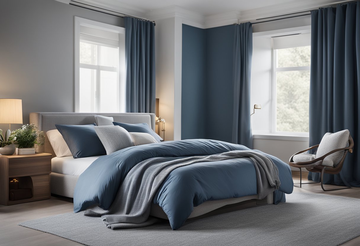 A cozy bedroom with soft, muted tones of blue and gray. A plush, textured rug covers the floor, and a large, comfortable bed with matching bedding takes center stage. A small reading nook with a comfortable chair and side table sits in the