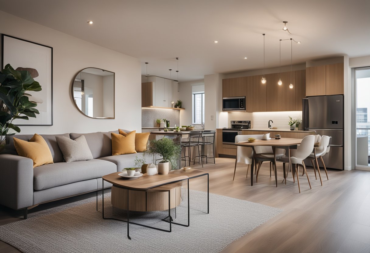 A cozy 2 bedroom apartment with modern furniture, warm color palette, and natural light streaming in through large windows. Open floor plan with a spacious living area and a well-equipped kitchen