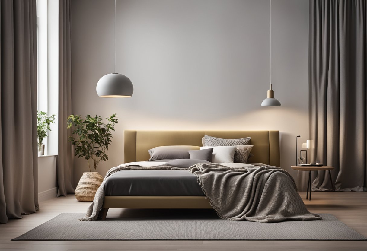 A cozy bedroom with a modern single sofa, placed against a wall with a soft throw blanket and a small side table with a lamp