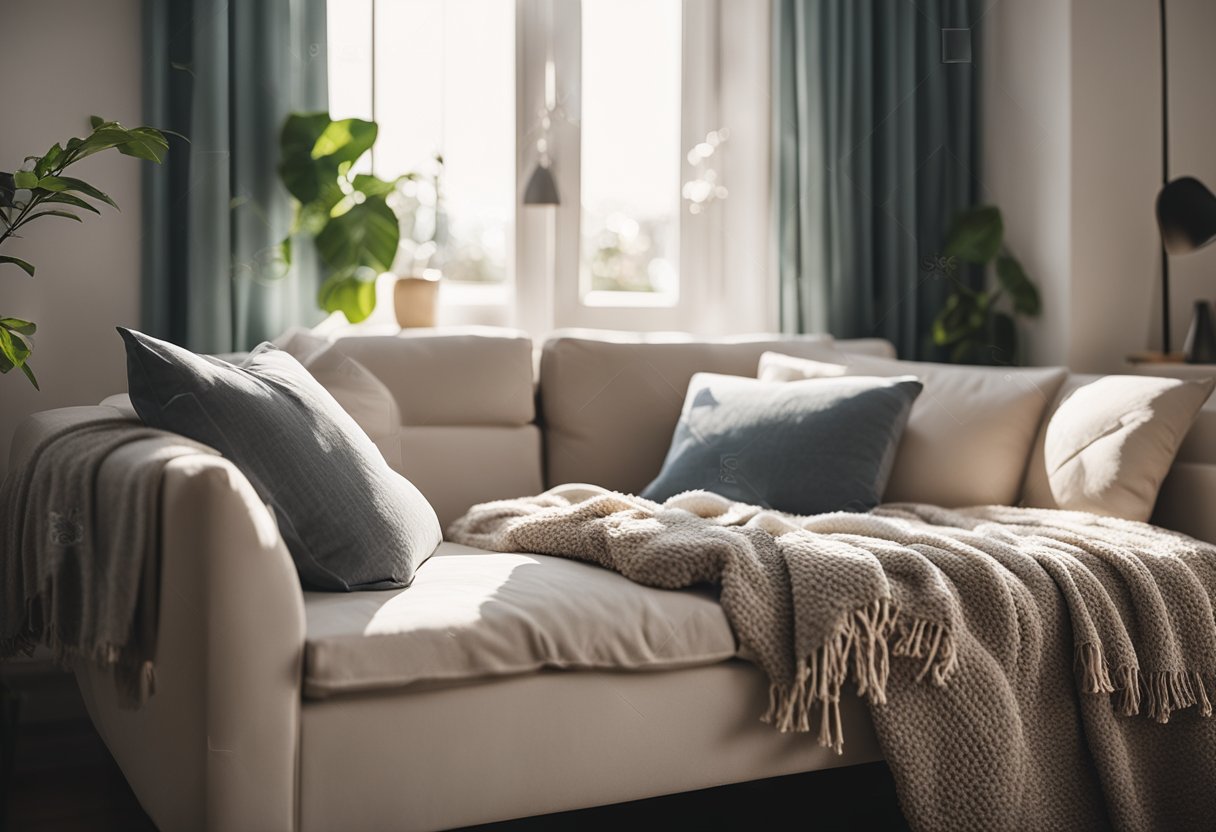 A cozy bedroom with a single sofa, adorned with soft throw pillows, placed near a window with sunlight streaming in, creating a relaxing and inviting atmosphere